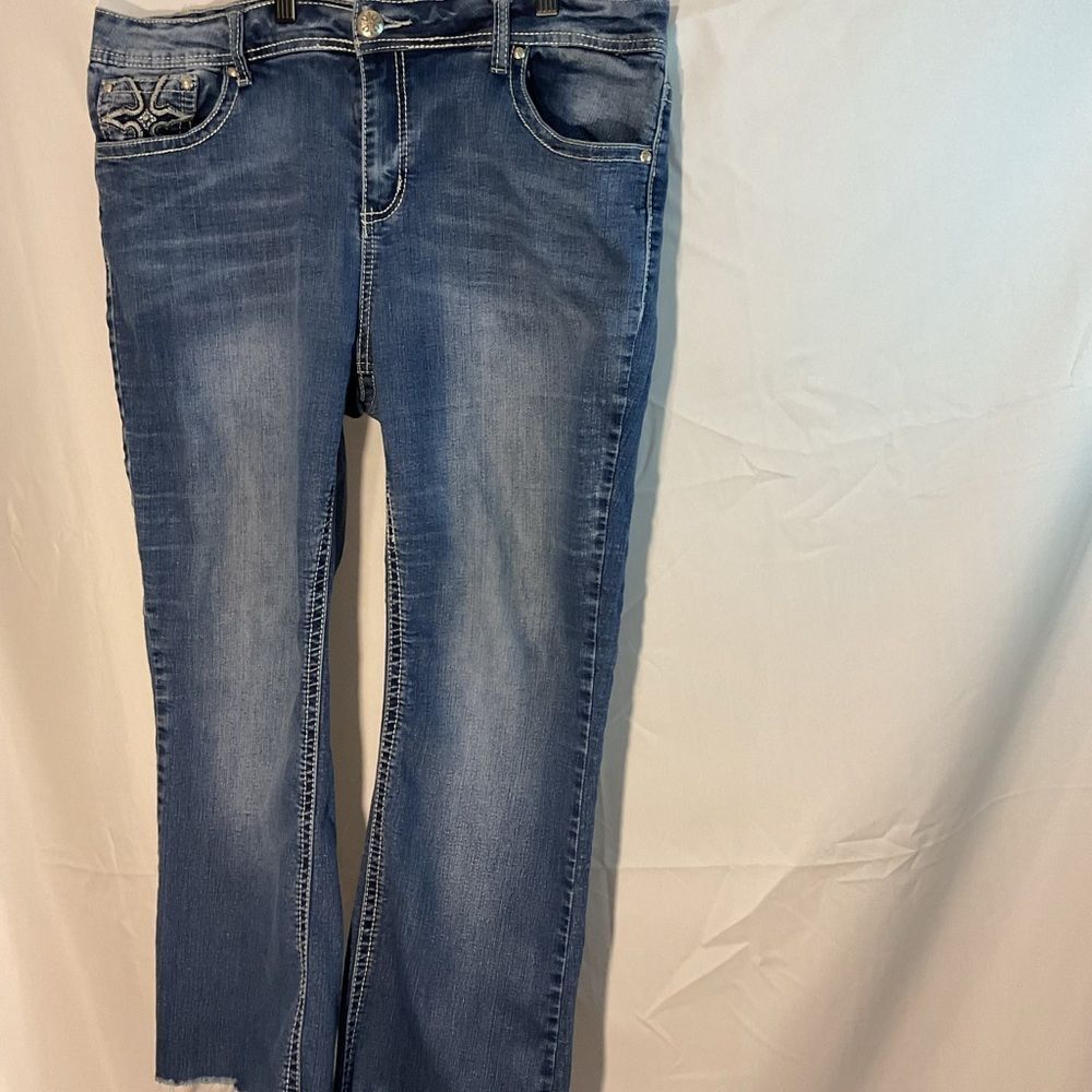 Blue W/Silver Bling Boot Cut Jeans W/ Gradient Effect & Fringed Hem Sz 16S